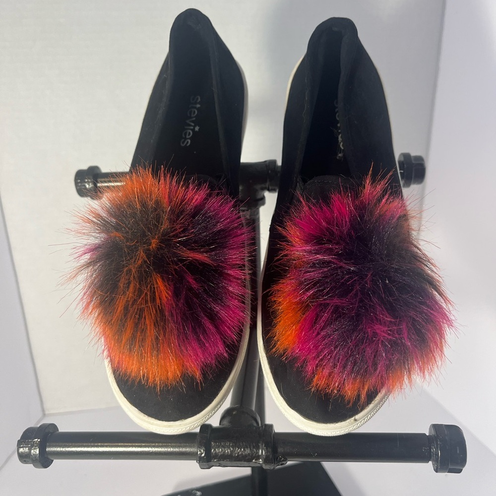 Steve Madden Black and Pink Flats with Pom Pom Accents